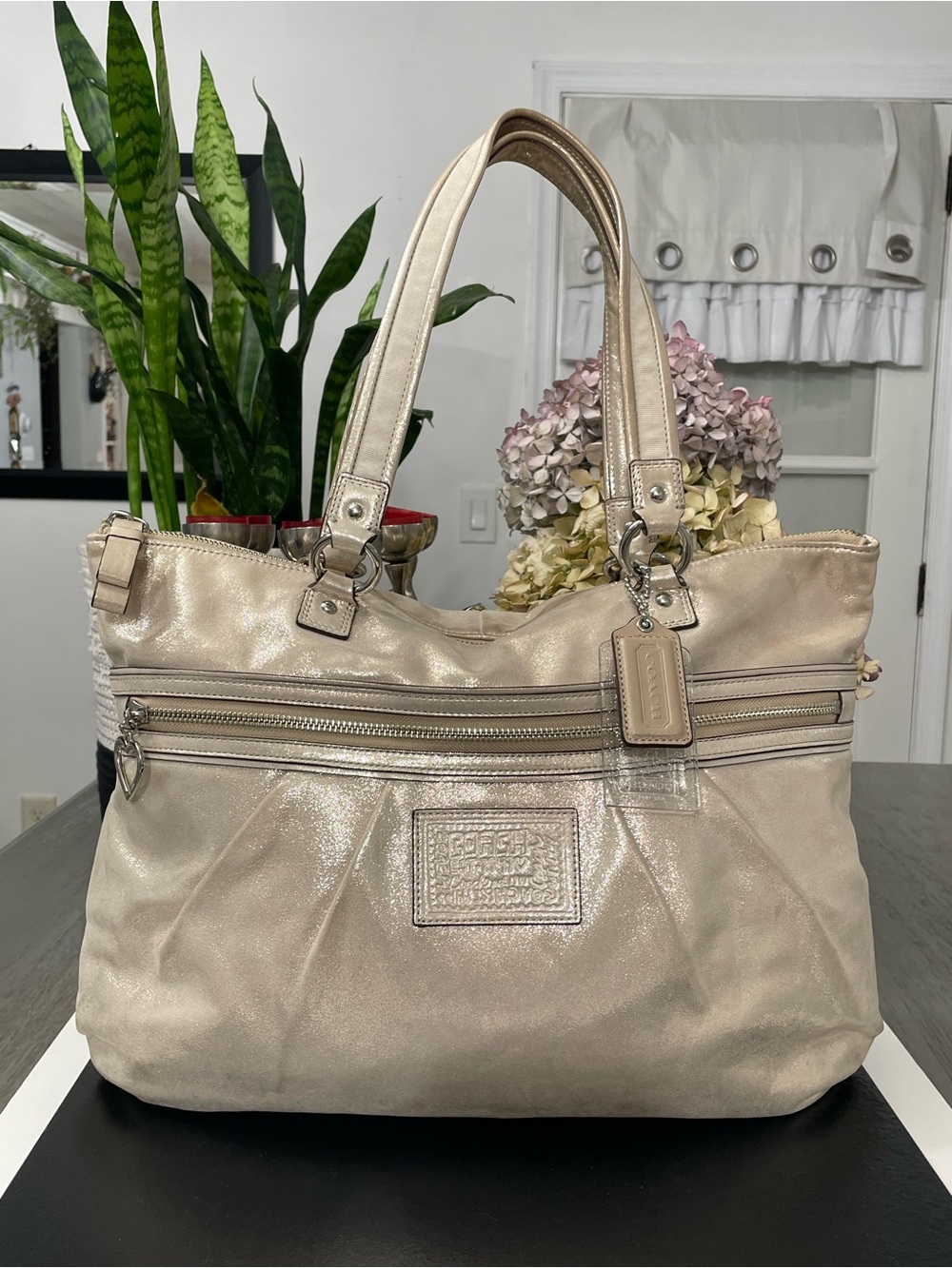 Coach Metallic Champagne Leather Tote Shoulder Bag Large Zip Purse
